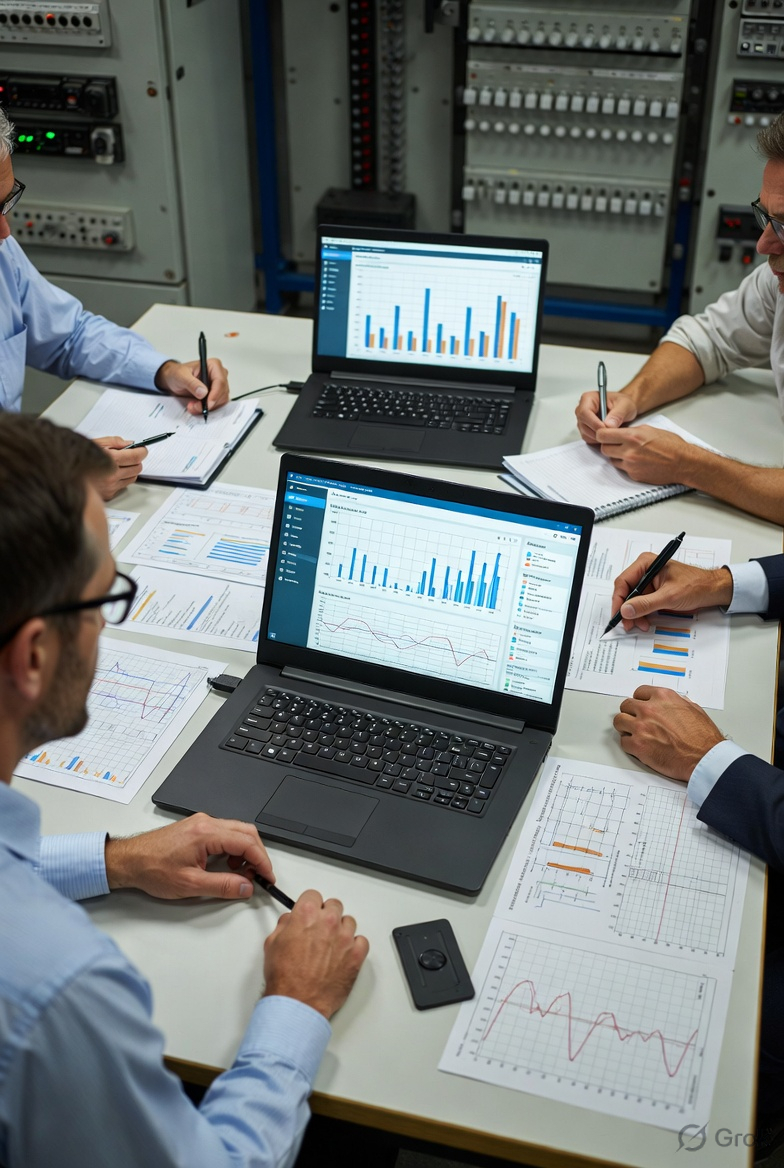 pqExcel engineers reviewing energy management dashboards with electrical panels in the background
