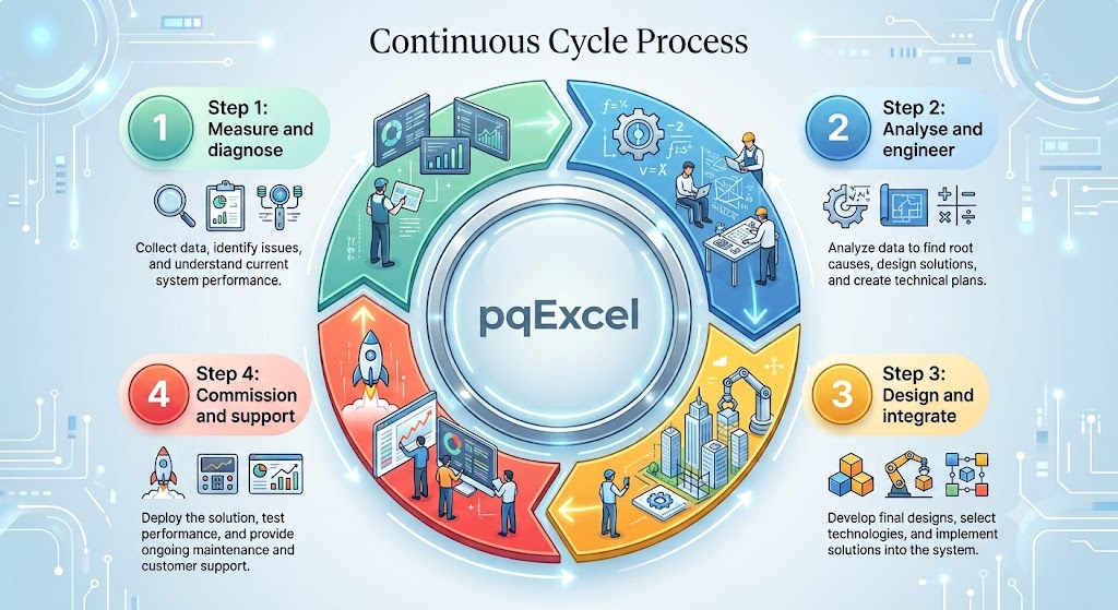 pqExcel 4-step continuous cycle: Measure and diagnose, Analyse and engineer, Design and integrate, Commission and support