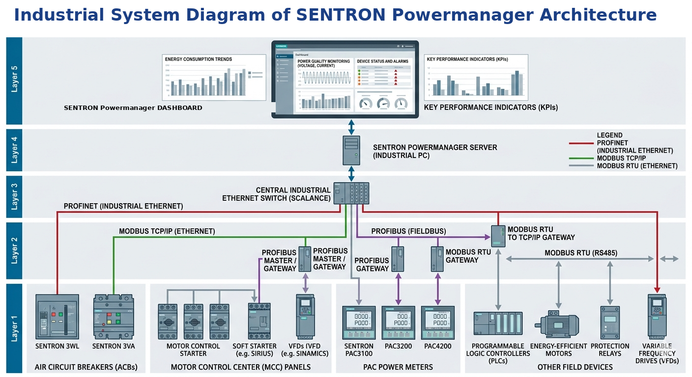 Illustrative system architecture — Industrial On-Premise EMS (5-layer integration diagram)