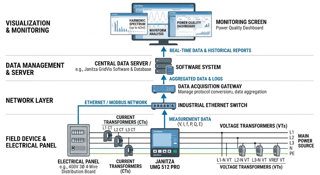 Janitza UMG 512 PQMS system architecture diagram